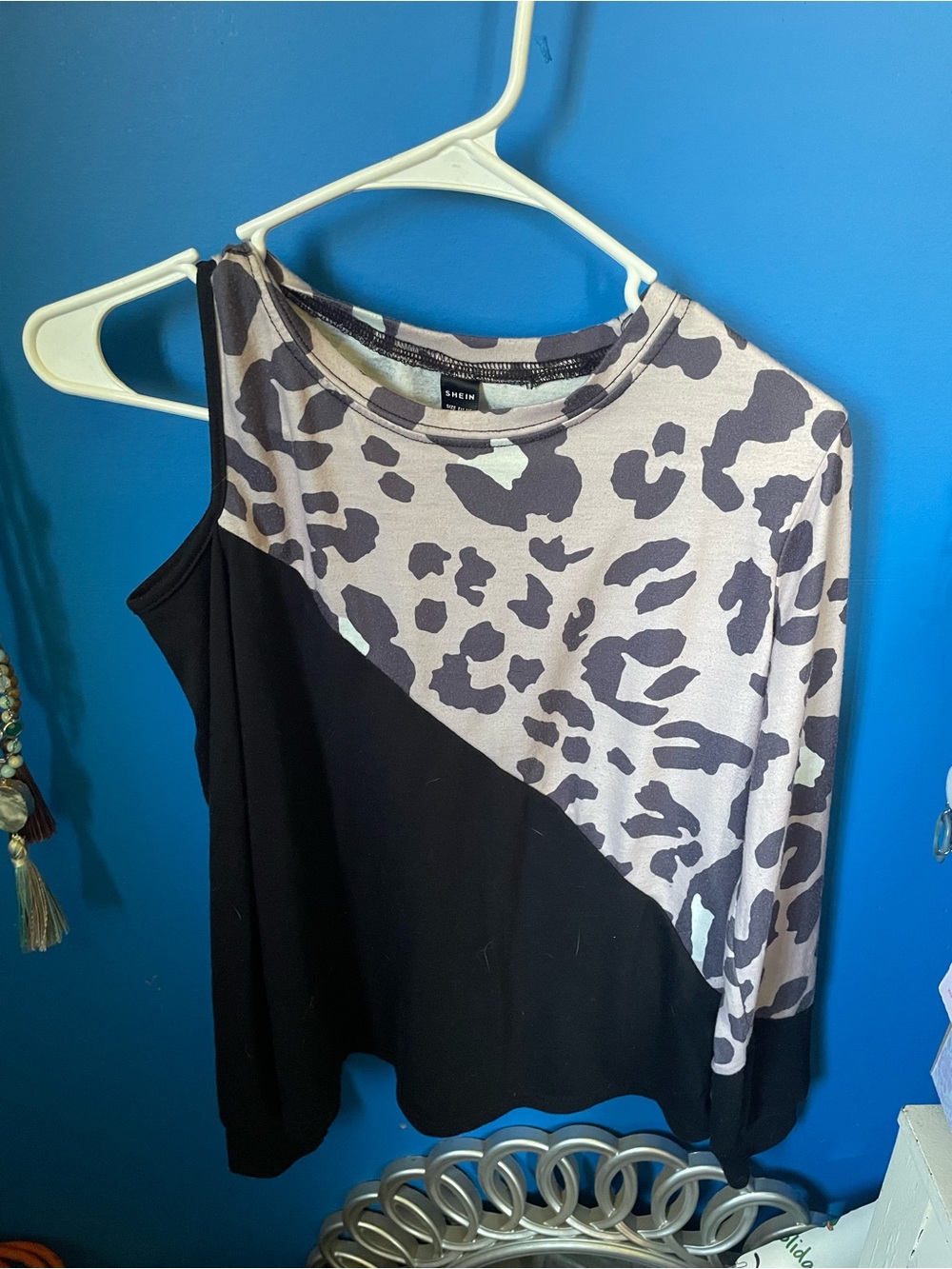 SHEIN Black and Gray Leopard Asymmetrical Cold-Shoulder Top